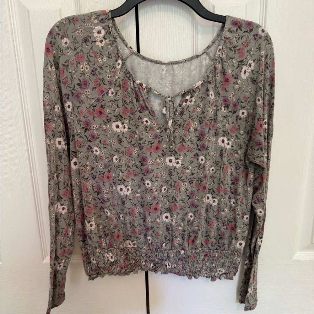 American Eagle Outfitters Floral Long-Sleeve Tie-Neck Top